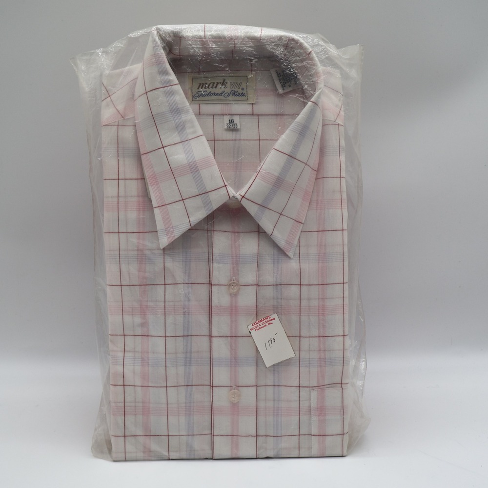 Mark VII Dress Shirt Mens 16 32/33 Vintage Deadstock White Red Blue Plaid Grid
